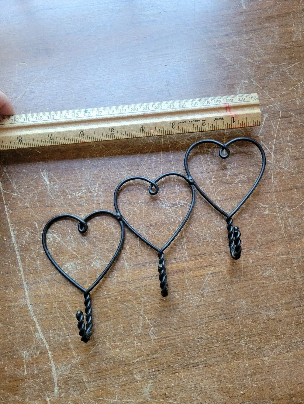 3 Hearts with Twisted Hooks Primative Black Metal Wall Hooks 8”W X 6”H